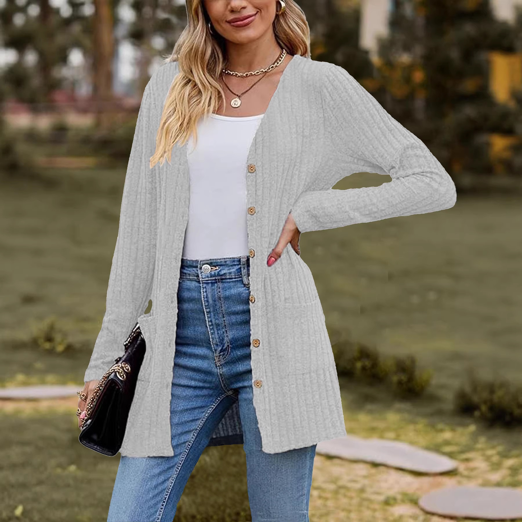 Longline Cardigan Knit - Plus-size Women's Fleece-lined Ribbed Solid Color