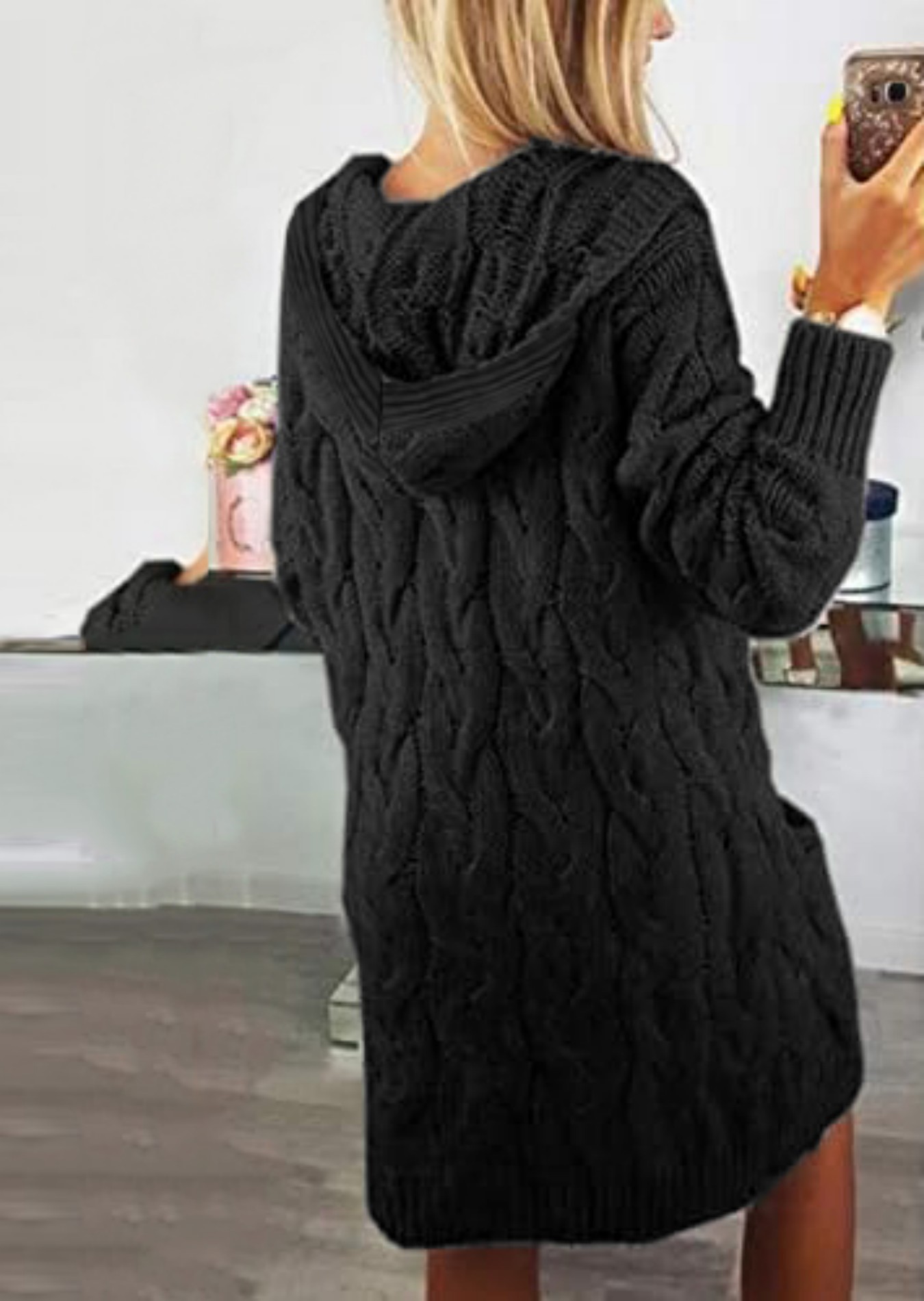 Women's Black Oversized Cable  - Longline Cardigan Knit recensione e prezzo