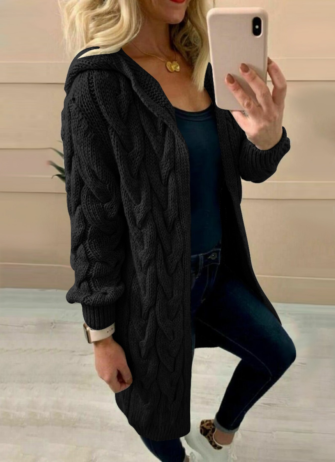 Women's Black Oversized Cable  - Longline Cardigan Knit recensione e prezzo